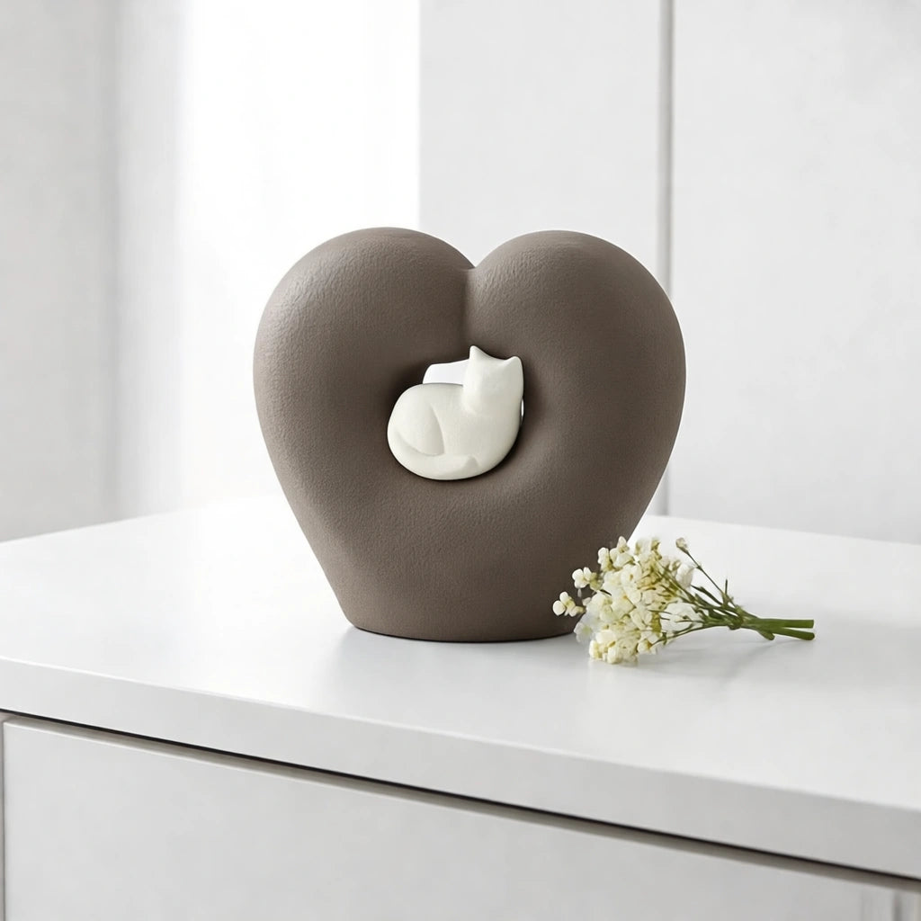 Cat Heart Pet Urn for Ashes in Grey & White