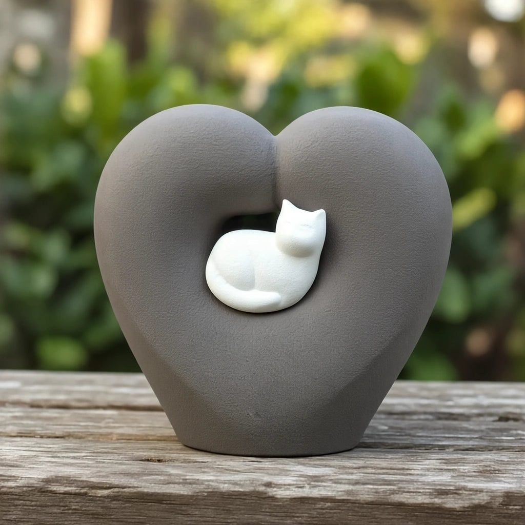 Cat Heart Pet Urn for Ashes in Grey & White