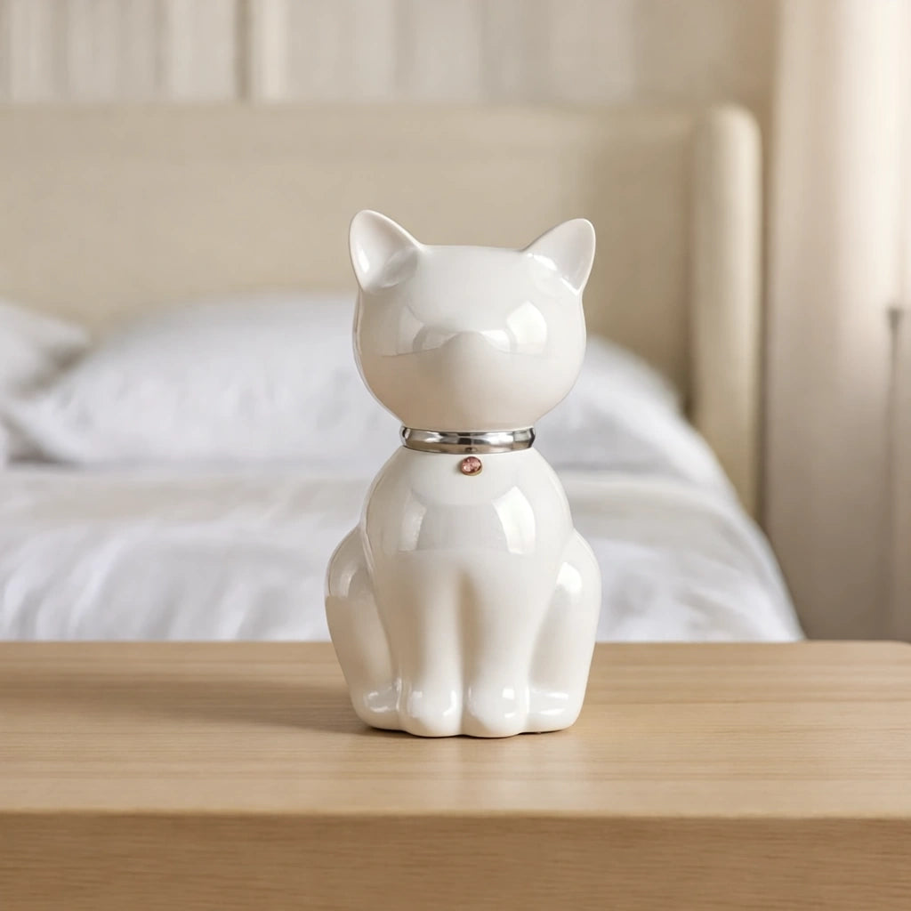 Cat Urn for Ashes in White & Silver