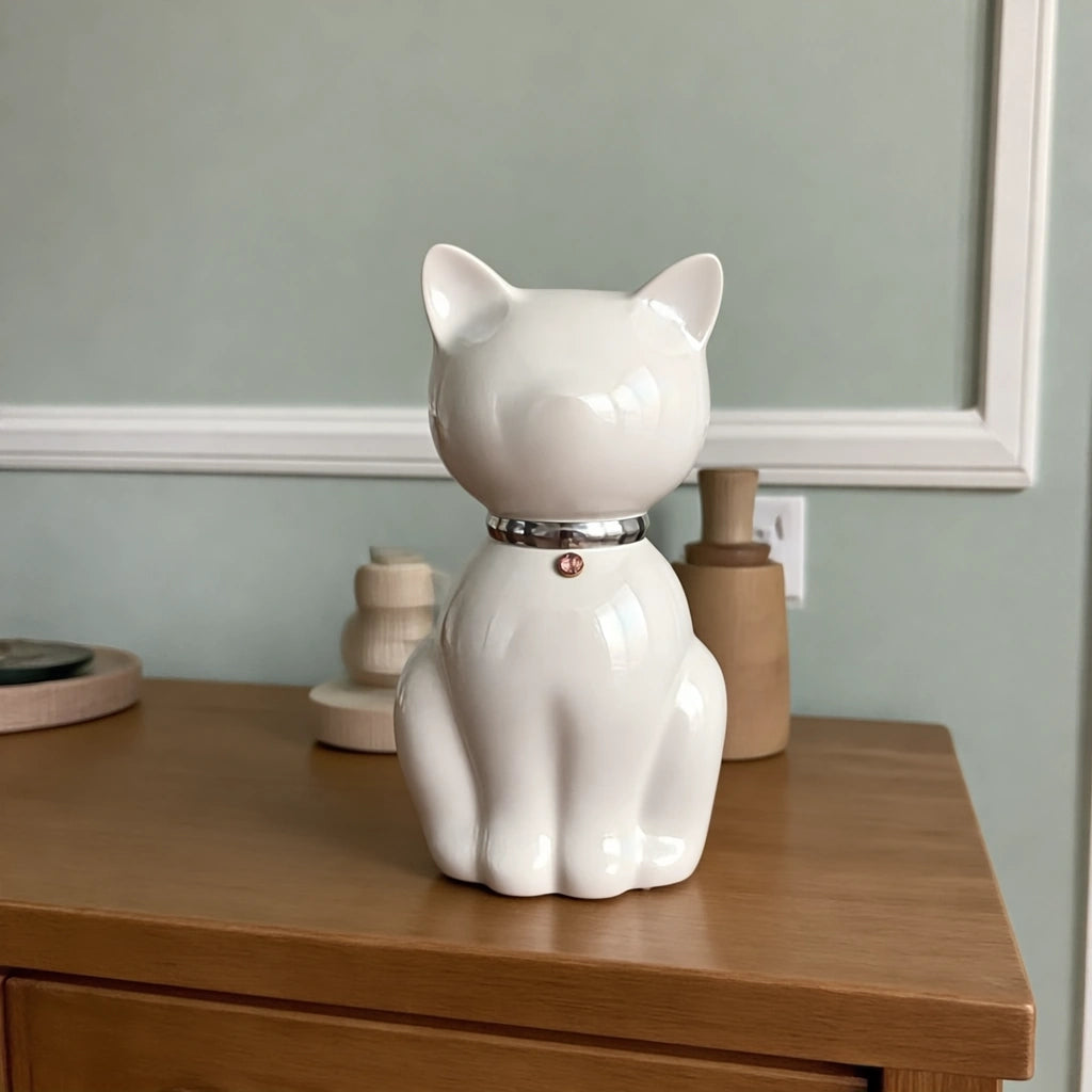 Cat Urn for Ashes in White & Silver