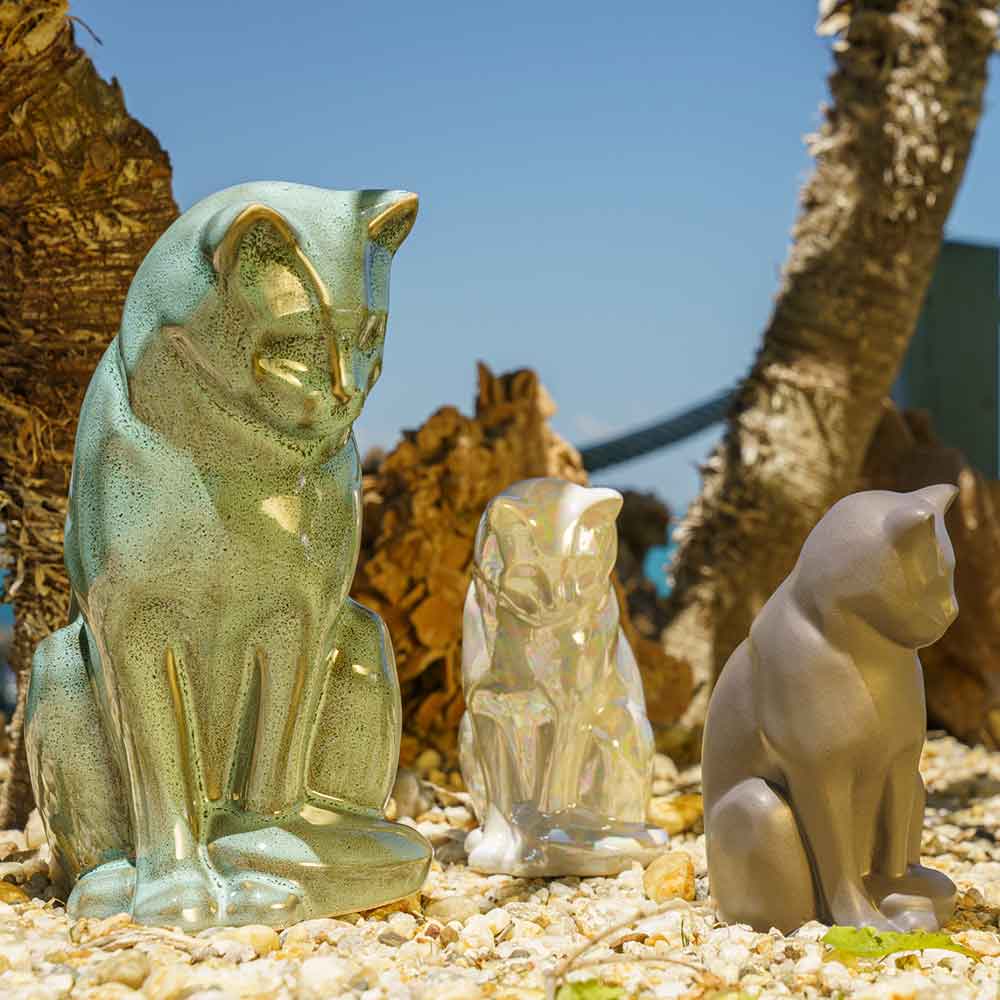cat urns for ashes outside close up matte grey