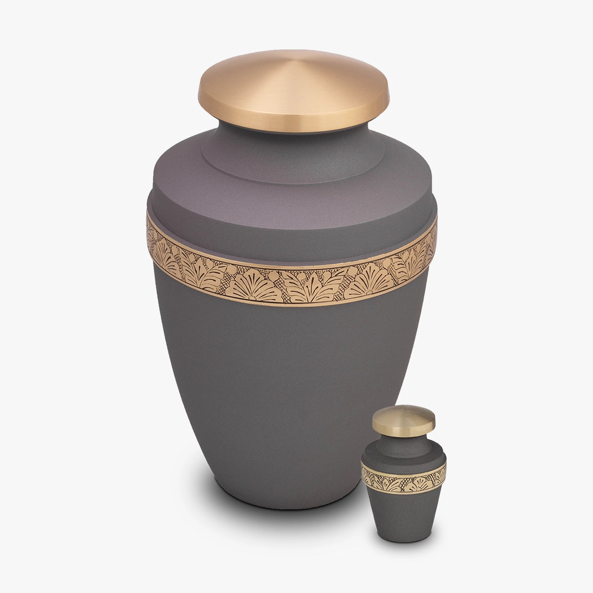 classic band metal adult cremation urn for ashes in taupe and gold with keepsake