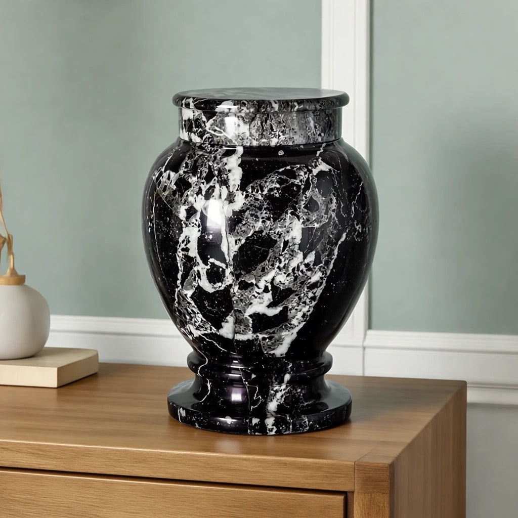 Classic Marble Adult Cremation Urn for Ashes in Black & White