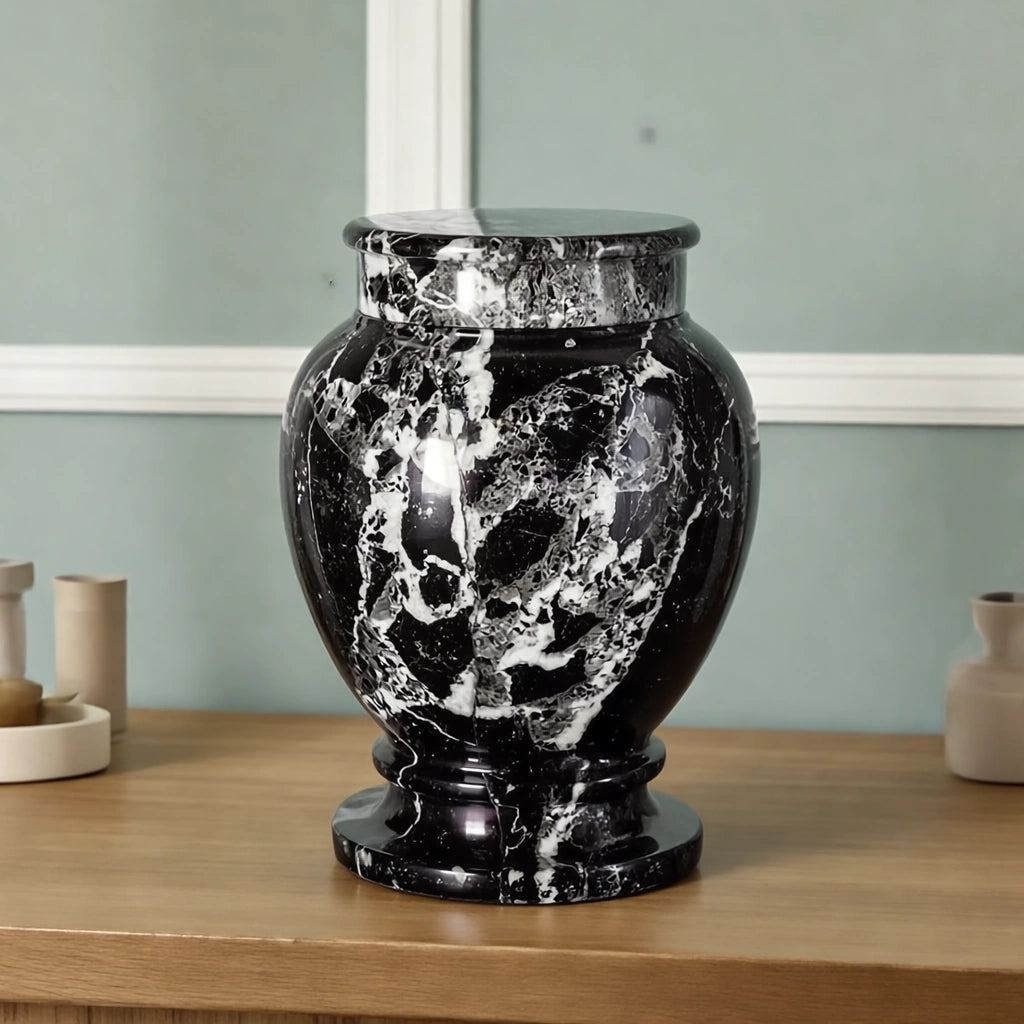 Classic Marble Adult Cremation Urn for Ashes in Black & White