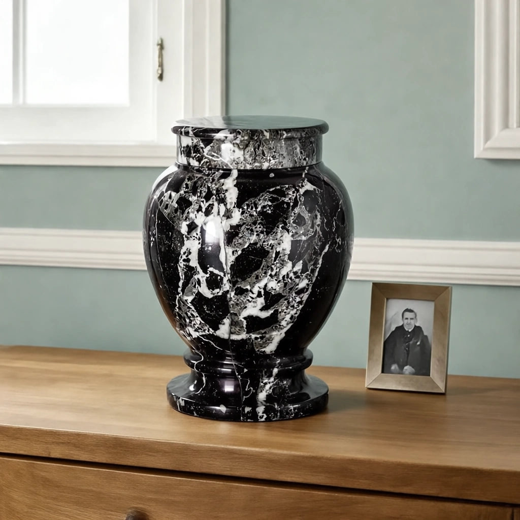 Classic Marble Adult Cremation Urn for Ashes in Black & White