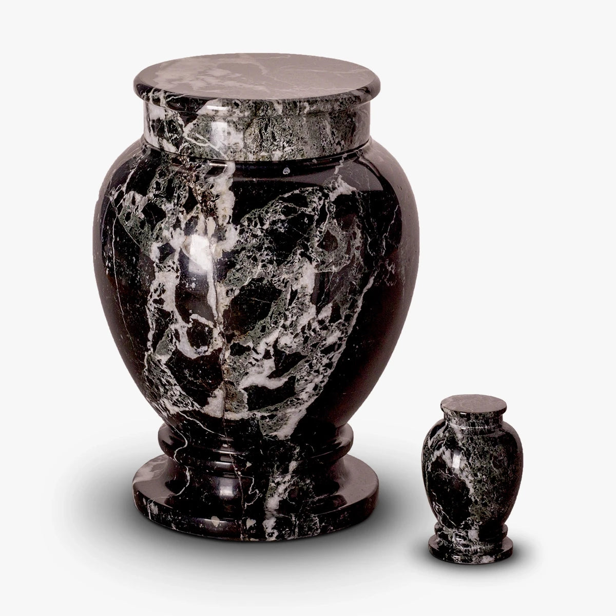 classic marble adult cremation urn for ashes in black white with keepsake