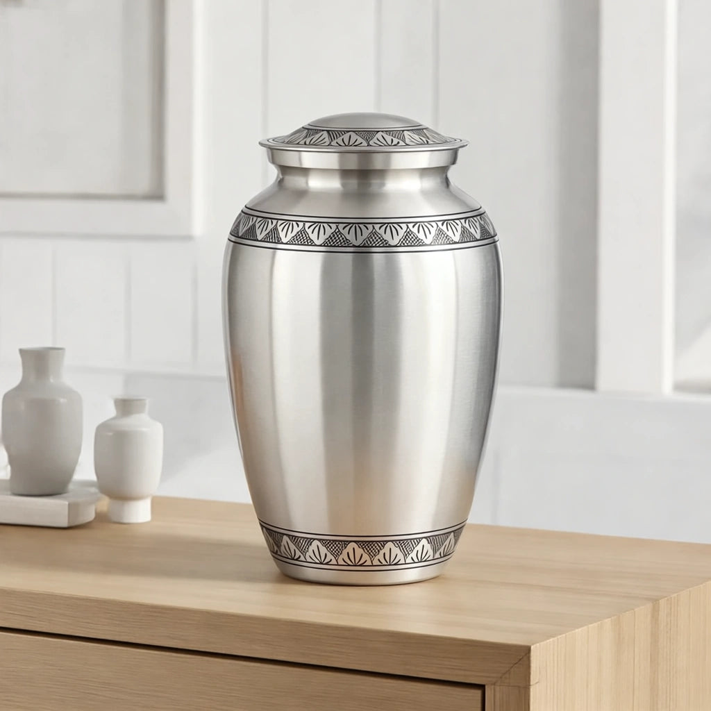 Classic Metal Adult Cremation Urn for Ashes in Brushed Silver