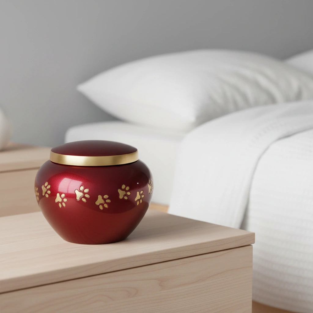 Classic Pawprints Pet Urn for Ashes in Burgundy & Silver - Medium