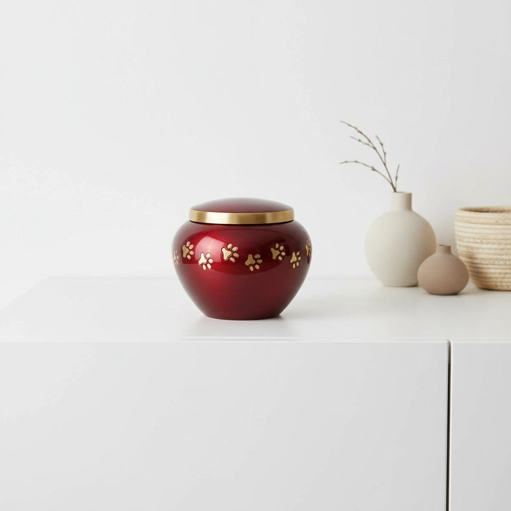 Classic Pawprints Pet Urn for Ashes in Burgundy & Silver - Medium