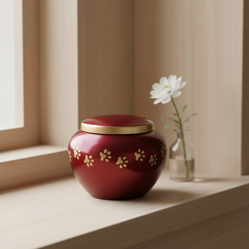 Classic Pawprints Pet Urn for Ashes in Burgundy & Silver - Medium