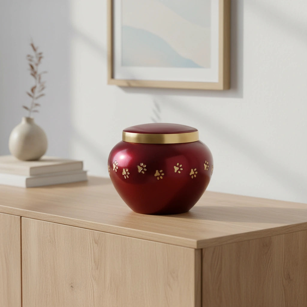 Classic Pawprints Pet Urn for Ashes in Burgundy & Silver - Small
