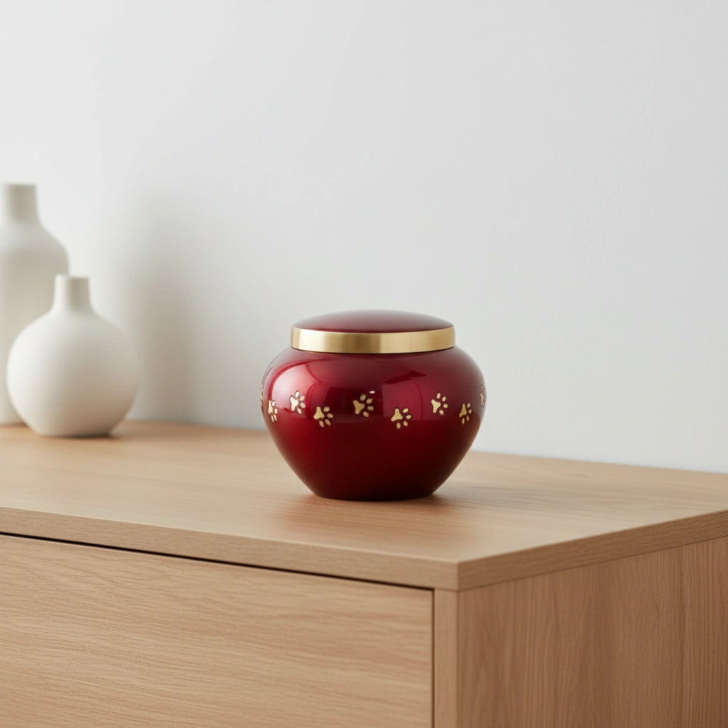 Classic Pawprints Pet Urn for Ashes in Burgundy & Silver - Small
