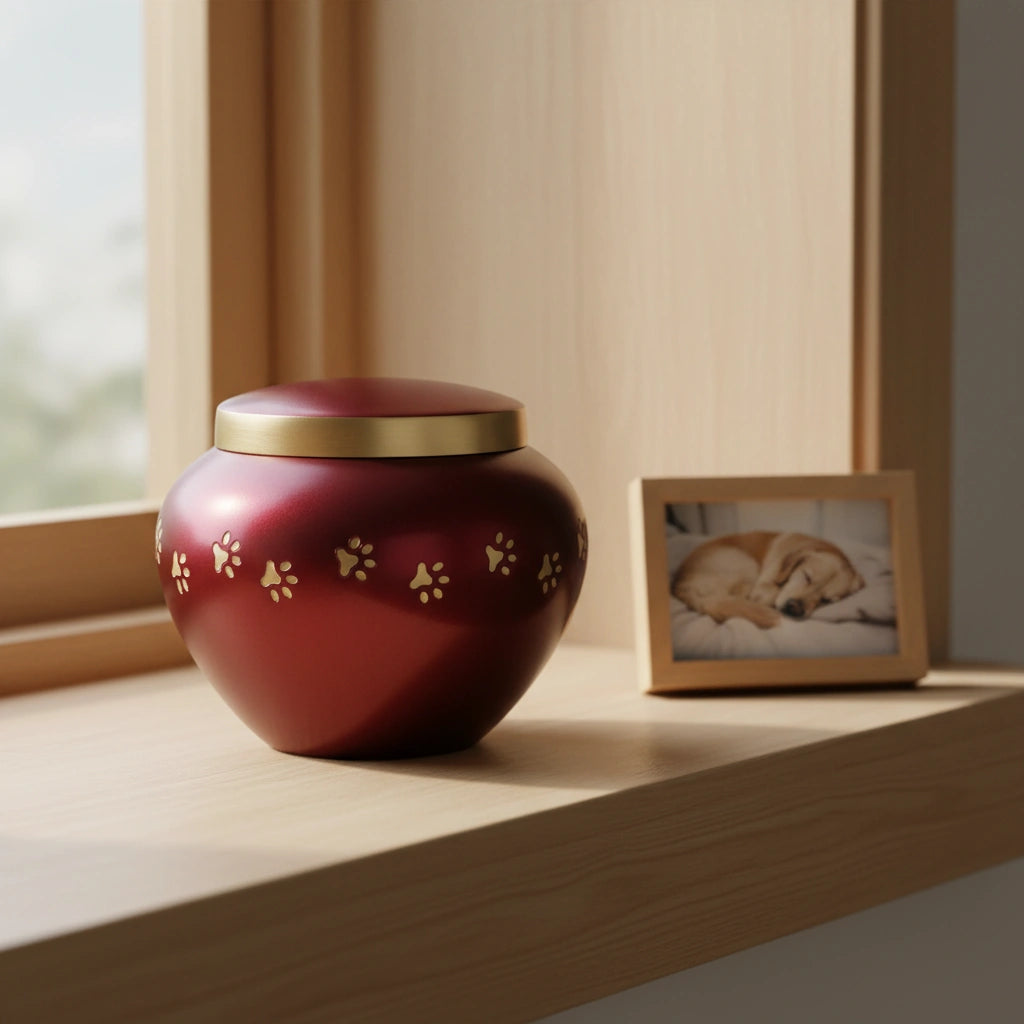 Classic Pawprints Pet Urn for Ashes in Burgundy & Silver - Small