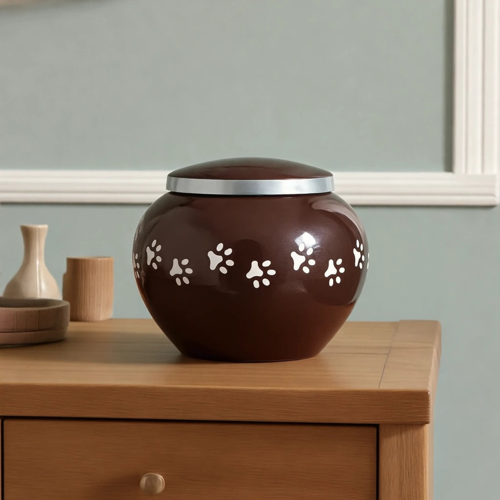 Classic Pawprints Pet Urn for Ashes in Dark Brown & Silver - Large