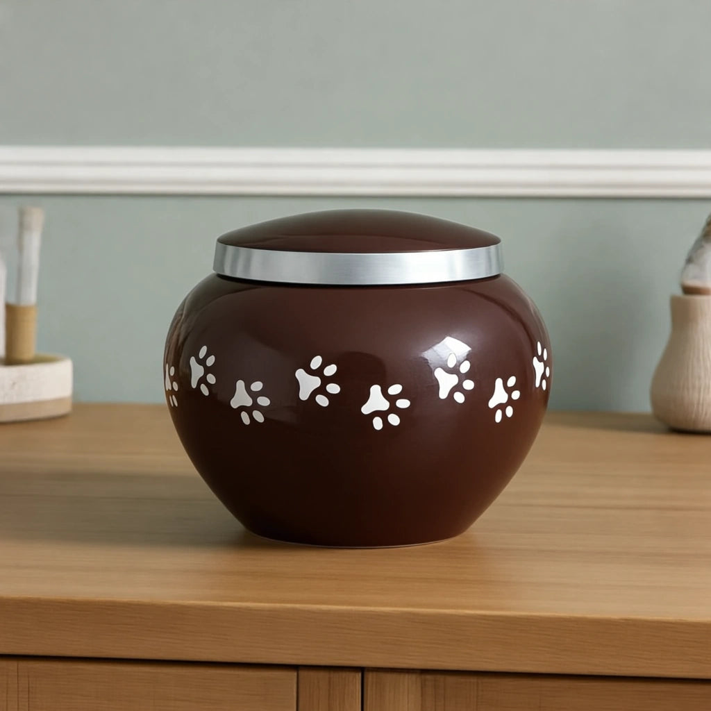 Classic Pawprints Pet Urn for Ashes in Dark Brown & Silver - Large