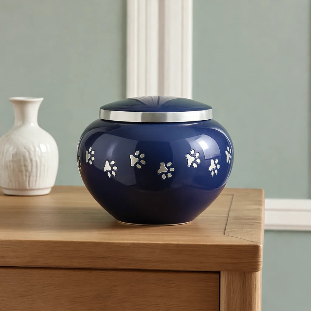 Classic Pawprints Pet Urn for Ashes in Midnight Blue & Silver - Large