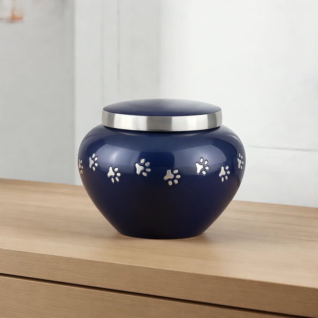 Classic Pawprints Pet Urn for Ashes in Midnight Blue & Silver - Small