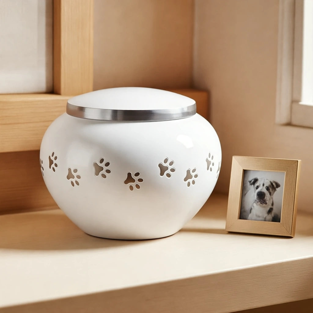 Classic Pawprints Pet Urn for Ashes in White & Silver - Large