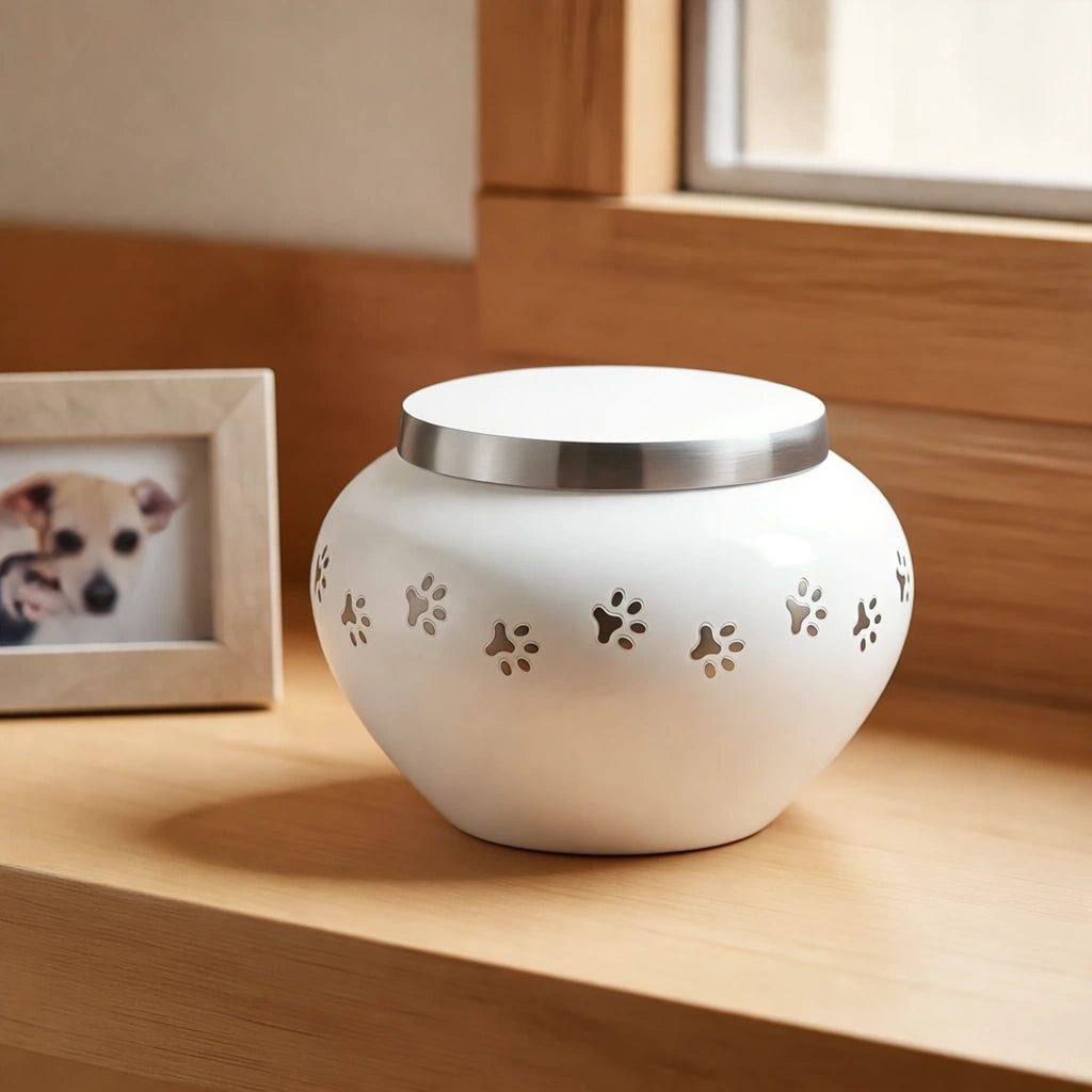 Classic Pawprints Pet Urn for Ashes in White & Silver - Small