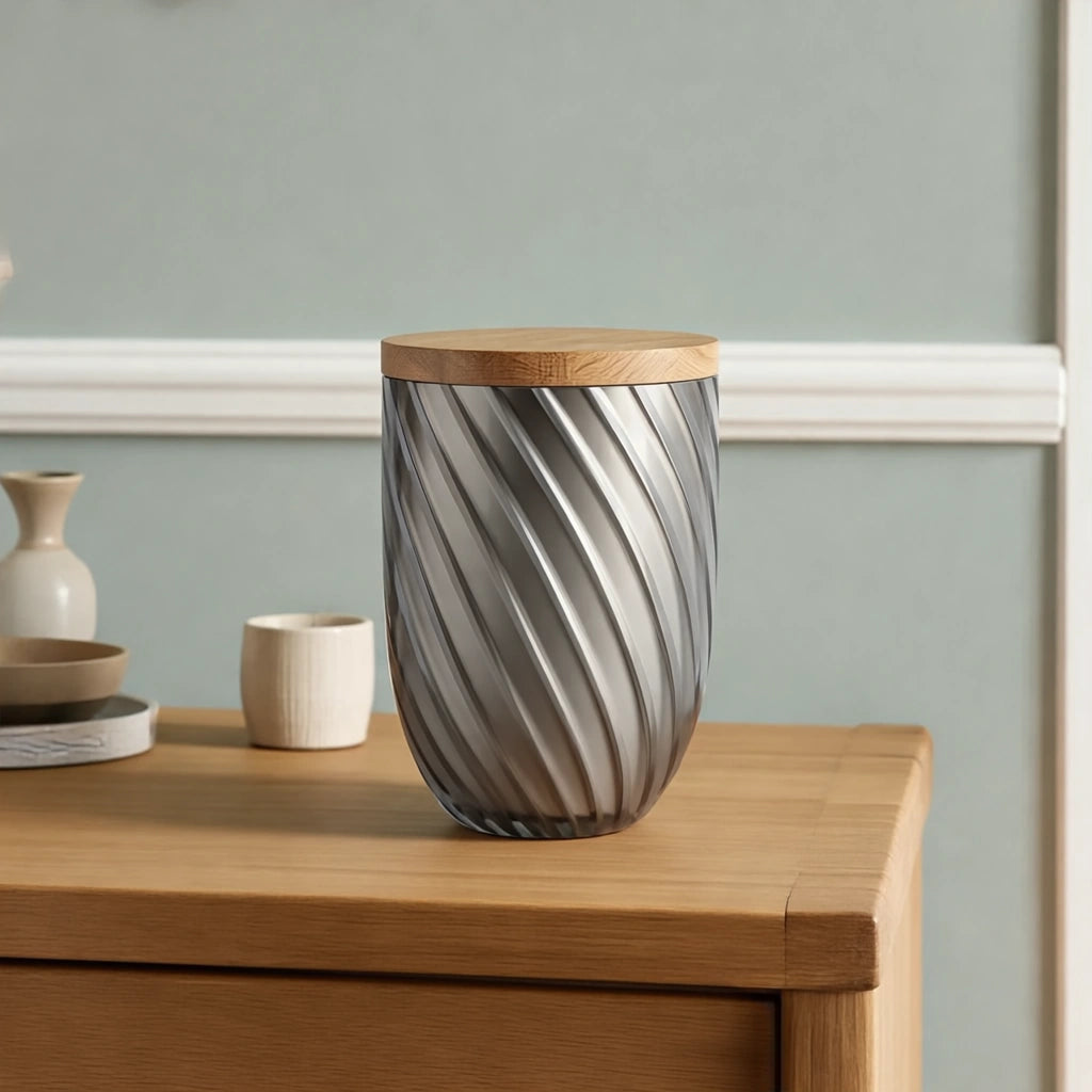 Crystal Adult Cremation Urn for Ashes with Oak Lid in Smoke Grey