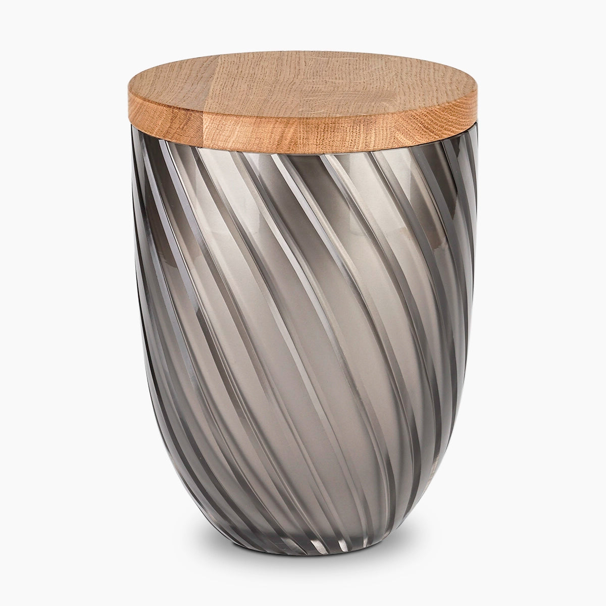 crystal adult cremation urn for ashes with oak lid in smoke grey