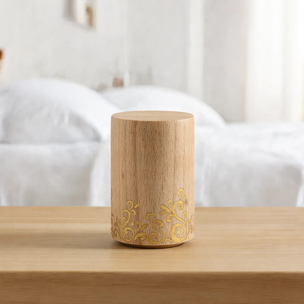 Cylinder Wooden Keepsake Urn for Ashes with Gold Detail