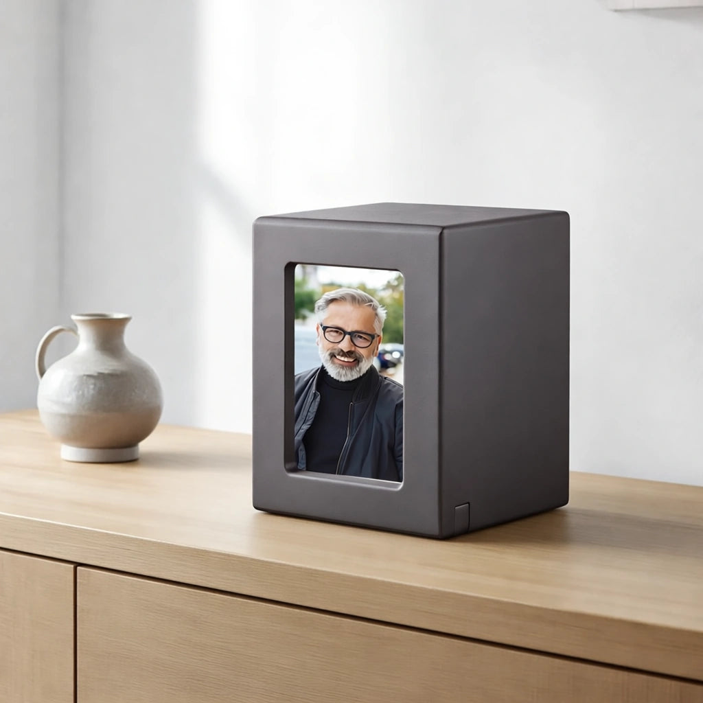 Dark Wood Effect MDF Photo Frame Small Urn for Ashes