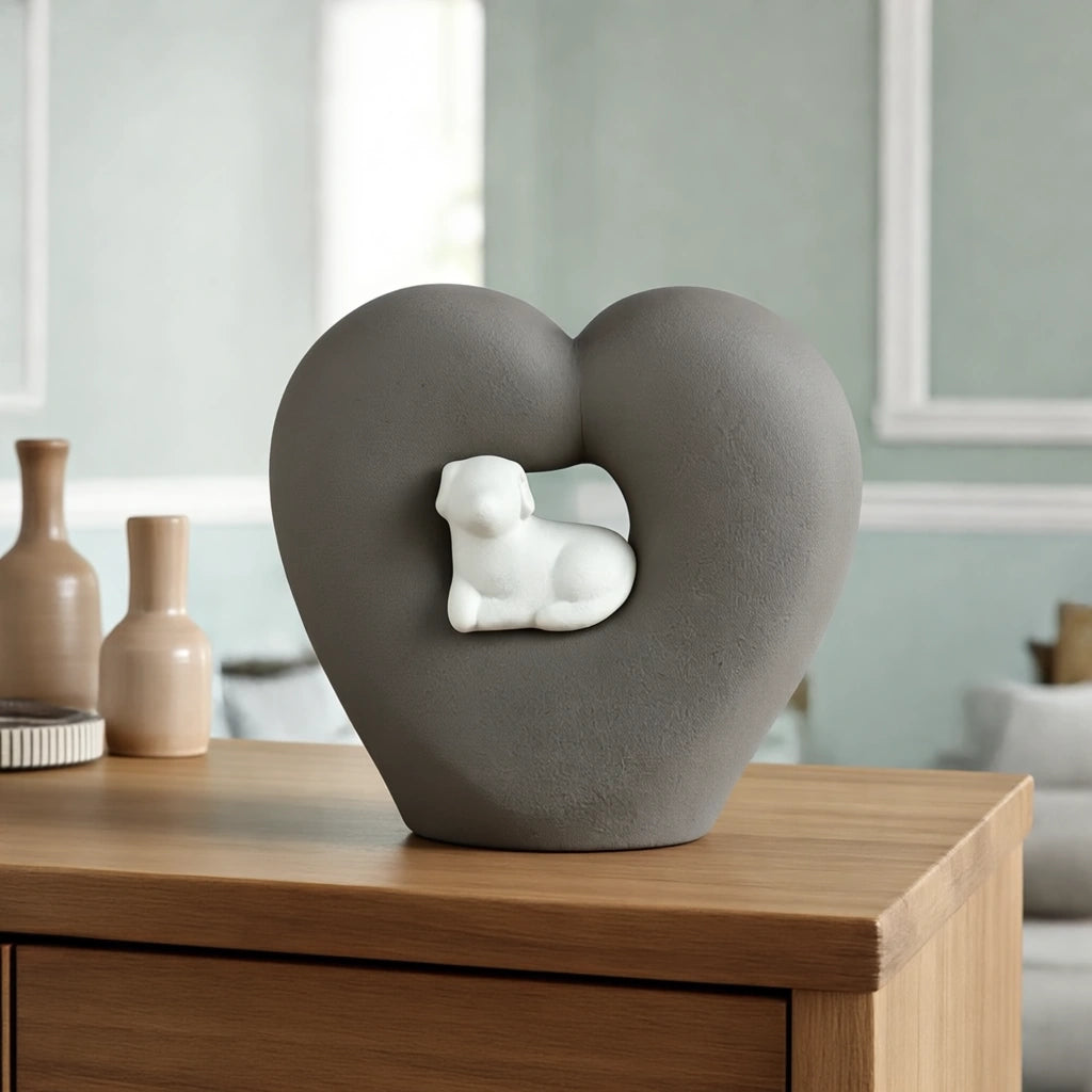 Dog Heart Pet Urn for Ashes in Grey & White