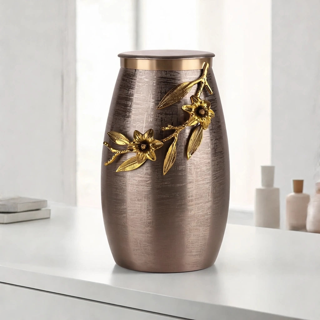 Eternal Bloom Metal Adult Cremation Urn for Ashes in Bronze and Gold