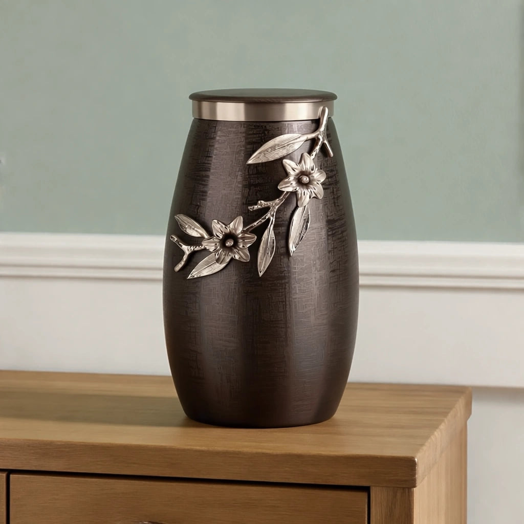 Eternal Bloom Metal Adult Cremation Urn for Ashes in Grey and Silver