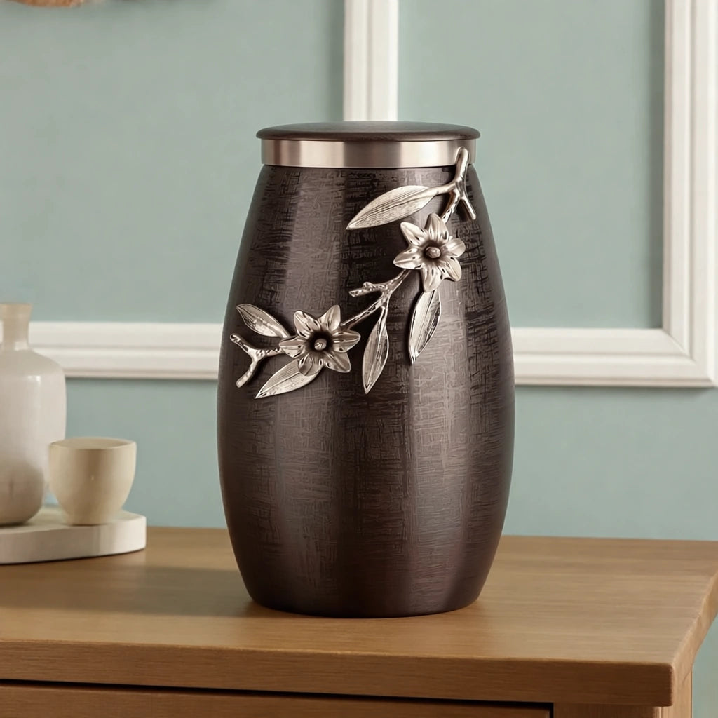 Eternal Bloom Metal Adult Cremation Urn for Ashes in Grey and Silver
