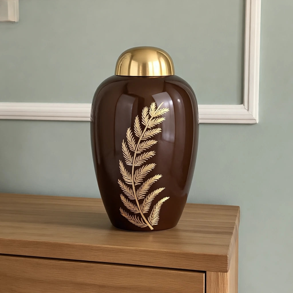 Fern Metal Adult Cremation Urn for Ashes in Brown and Gold