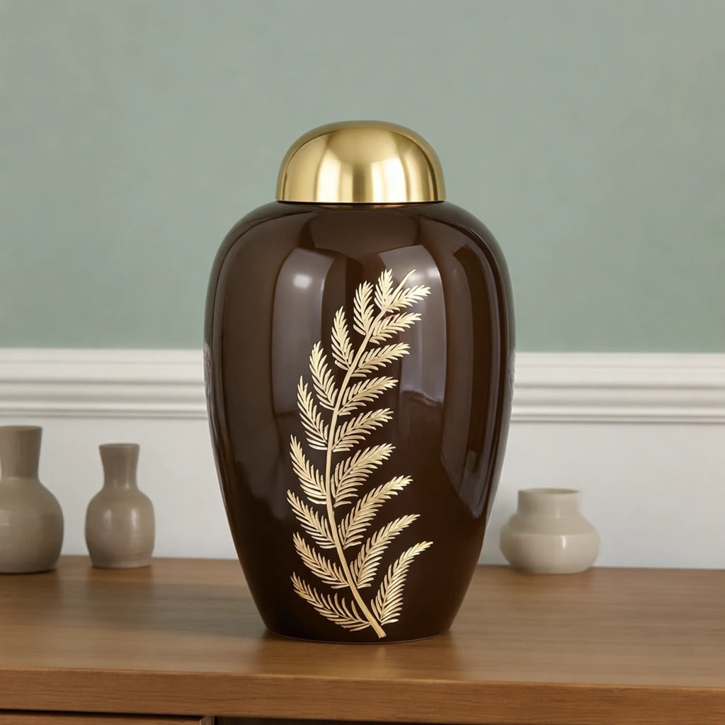 Fern Metal Adult Cremation Urn for Ashes in Brown and Gold