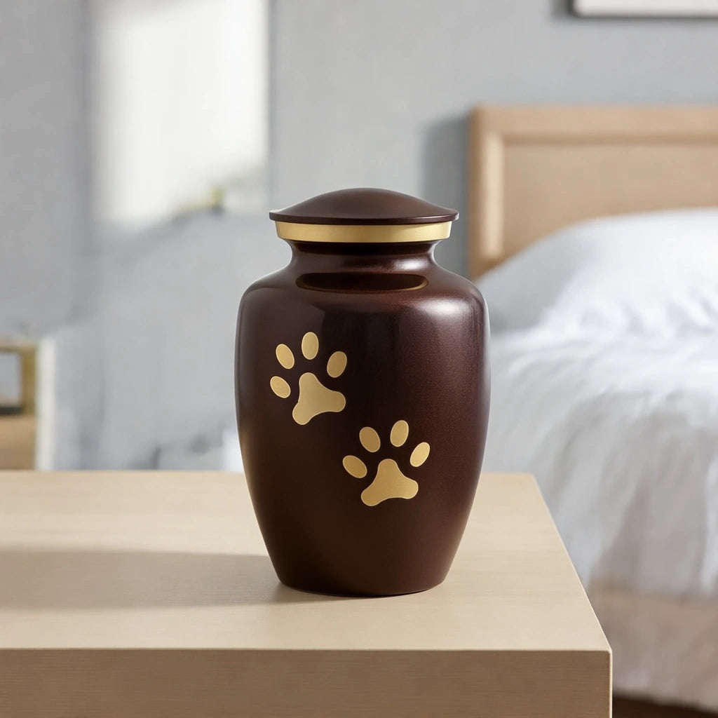 Golden Pawprints Pet Urn for Ashes in Dark Brown & Gold - Medium