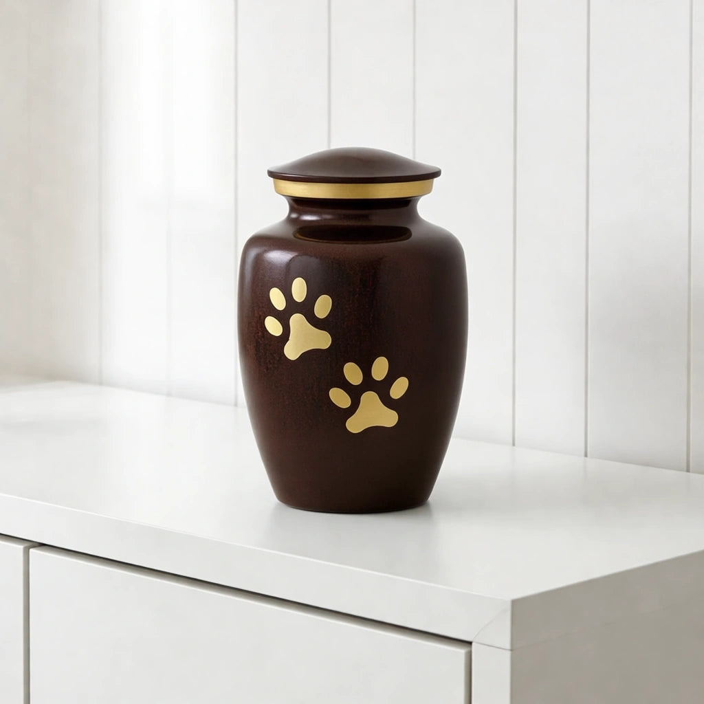 Golden Pawprints Pet Urn for Ashes in Dark Brown & Gold - Medium