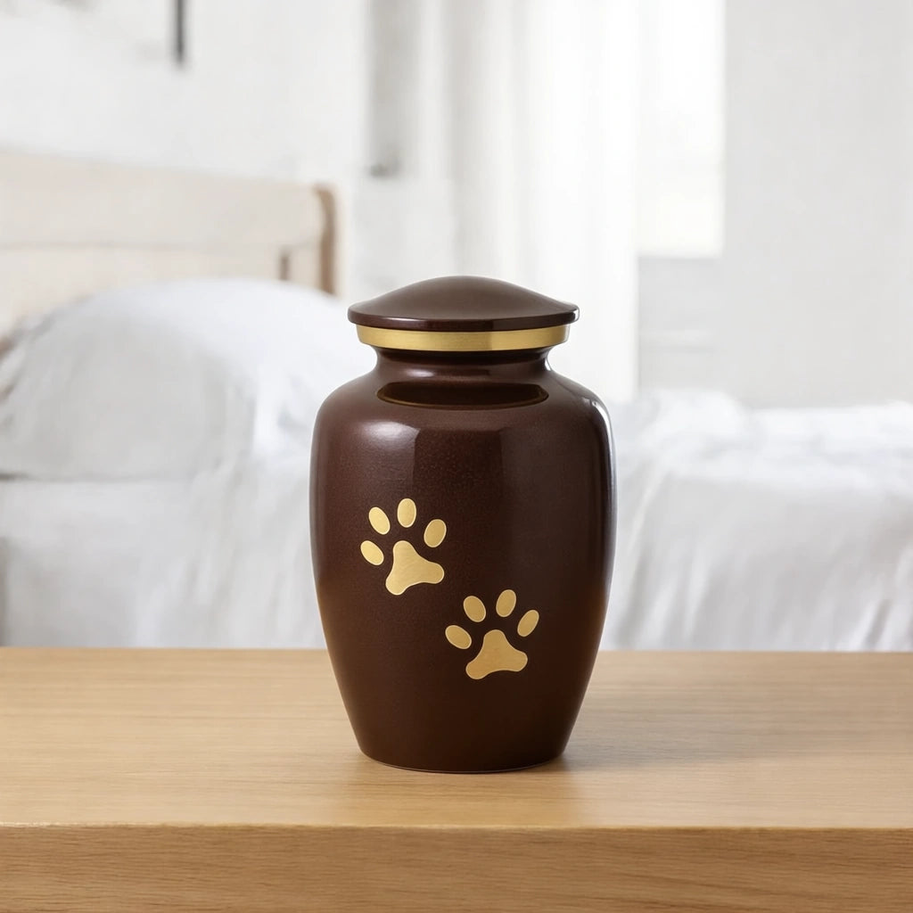 Golden Pawprints Pet Urn for Ashes in Dark Brown & Gold - Small