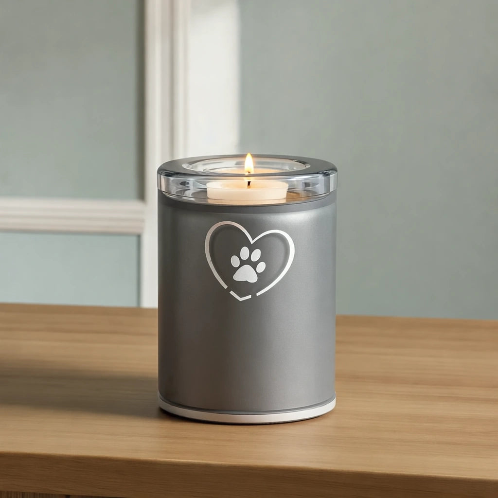 Heart & Pawprint Crystal Pet Candle Urn for Ashes in Graphite - Small