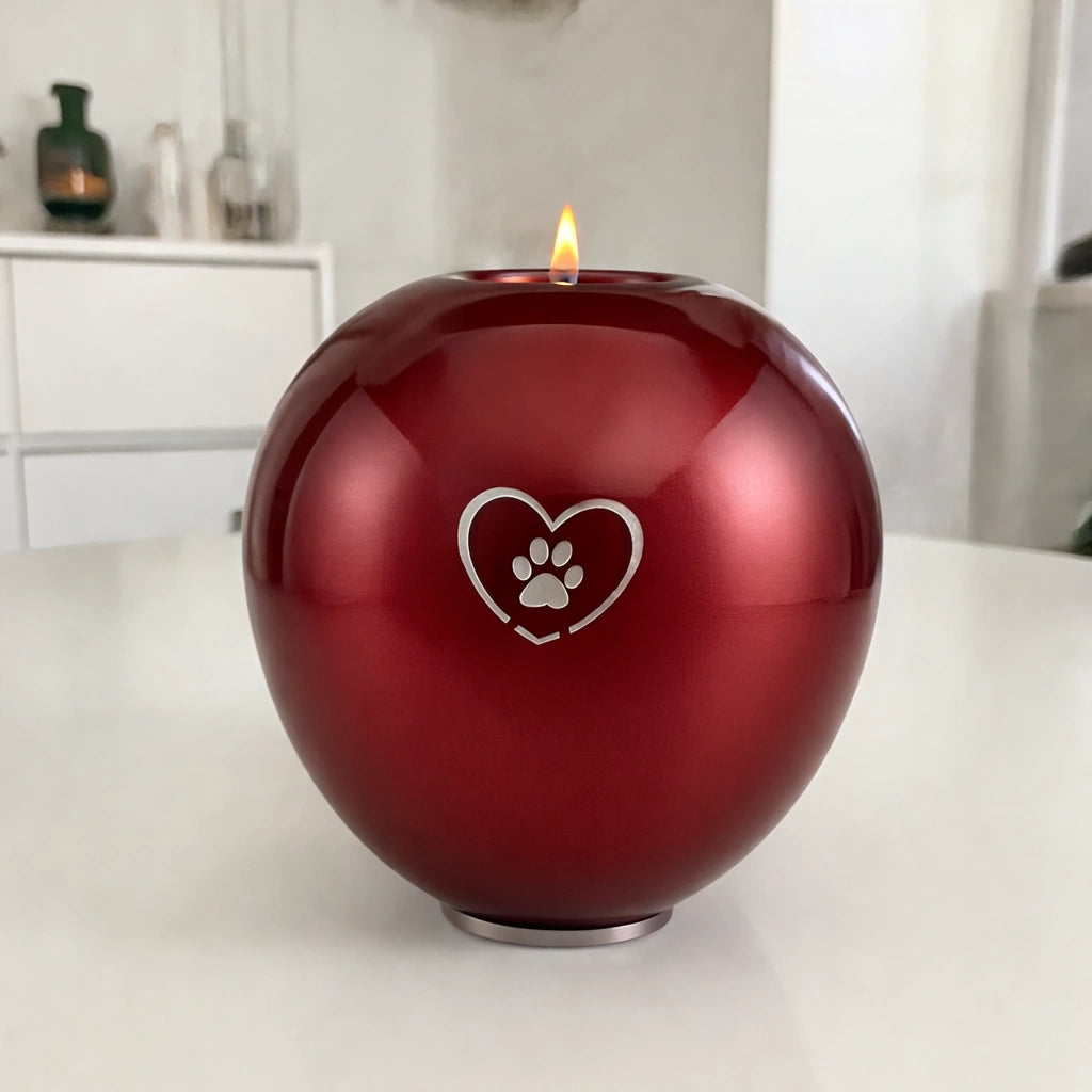 Heart & Pawprint Crystal Pet Candle Urn for Ashes in Ruby - Large