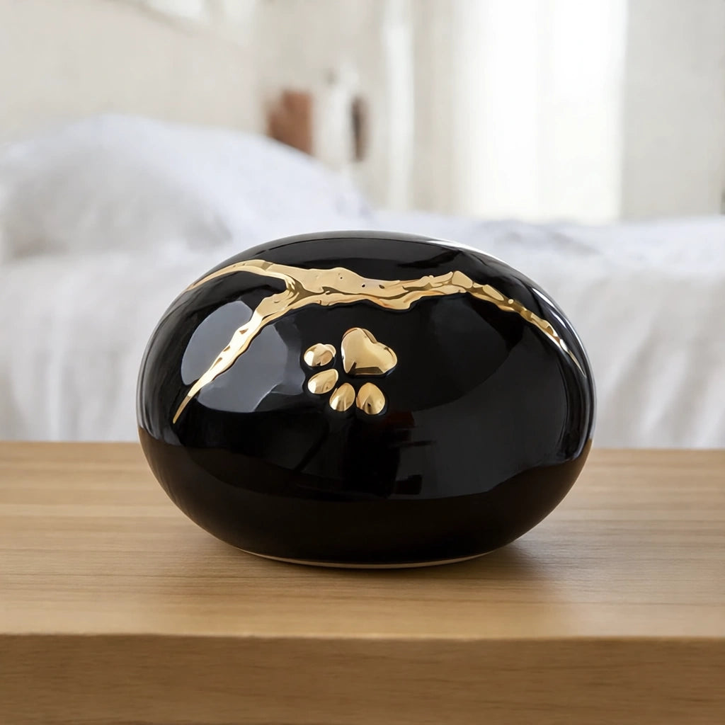 Kintsugi Pawprint Pet Urn for Ashes in Onyx & Gold