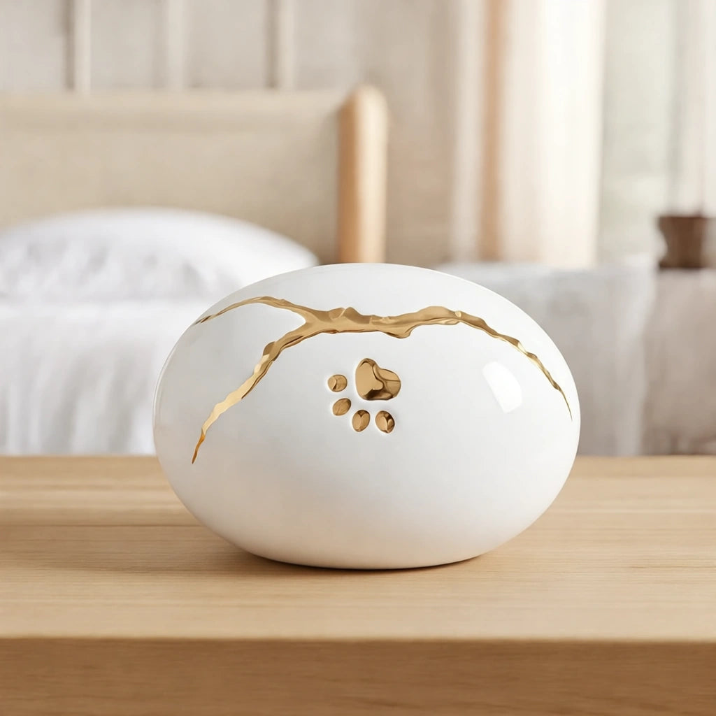 Kintsugi Pawprint Pet Urn for Ashes in White & Gold
