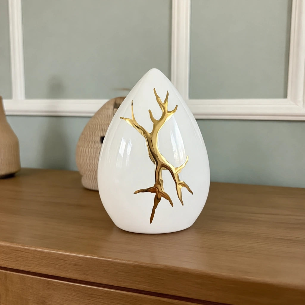Kintsugi White Keepsake Urn for Ashes with Gold Detailing
