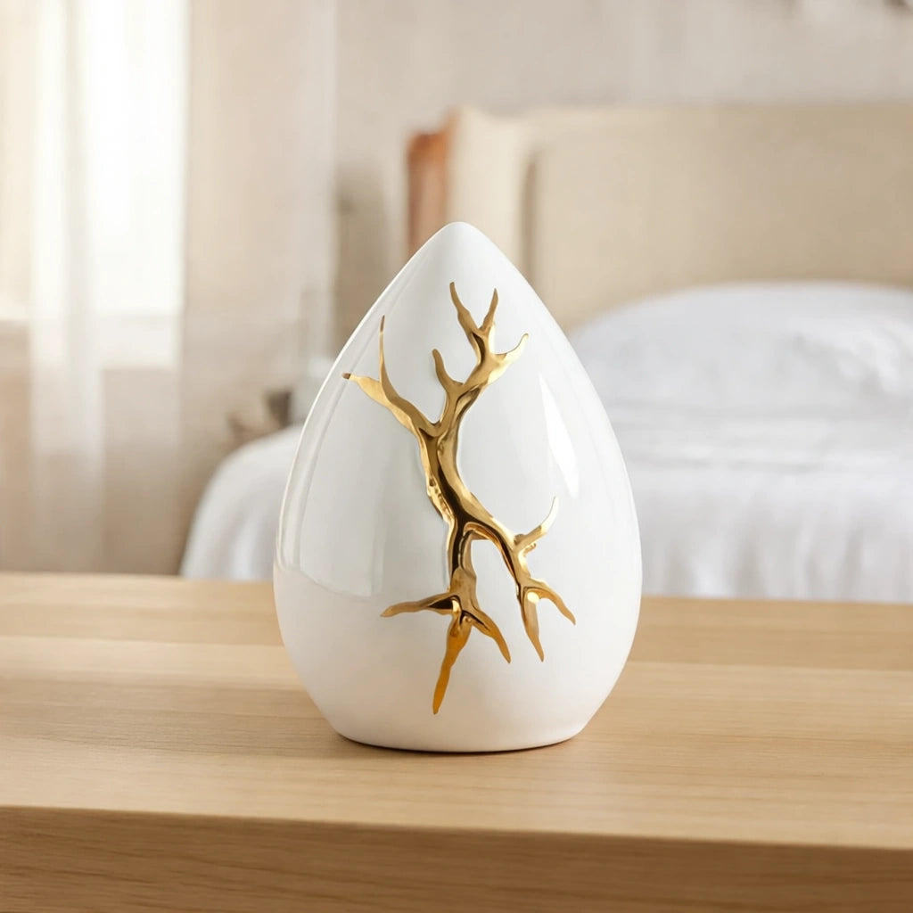 Kintsugi White Keepsake Urn for Ashes with Gold Detailing