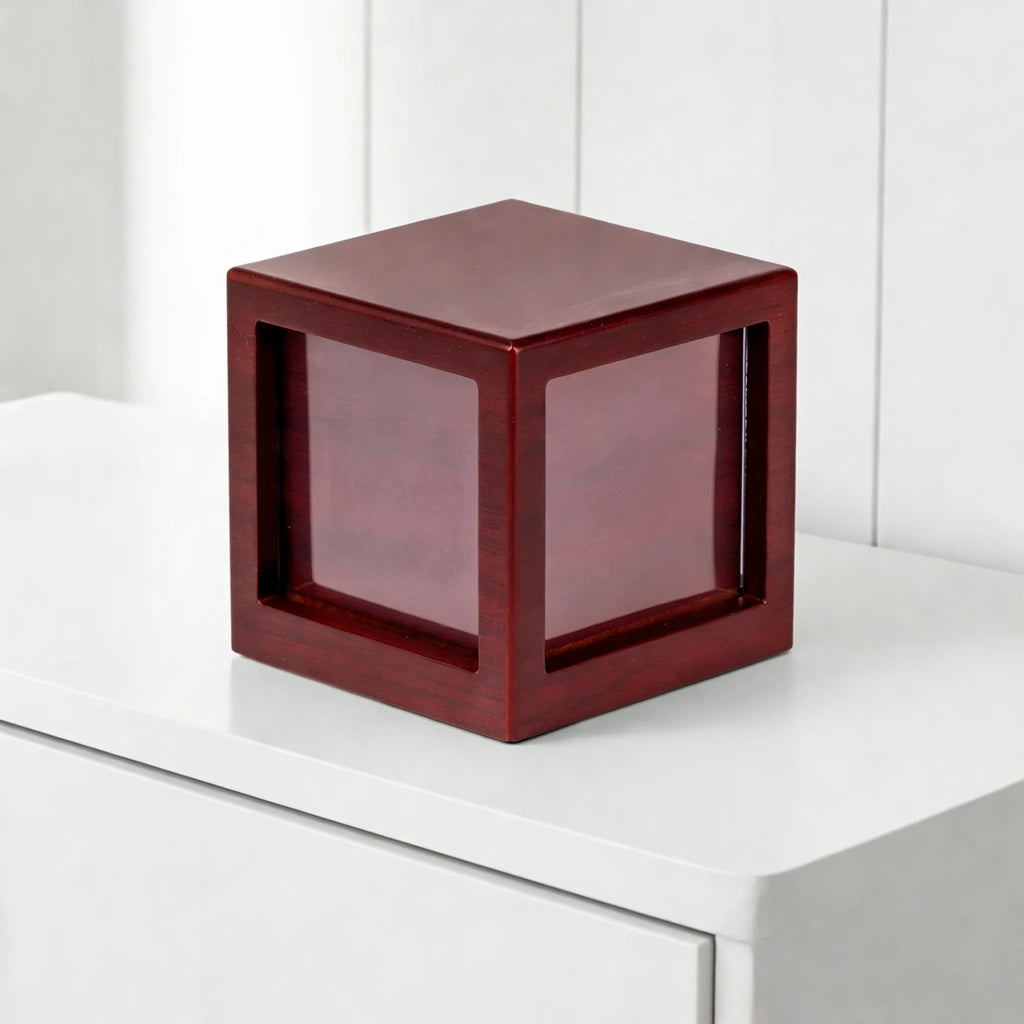 Mahogany Effect MDF Photo Cube Urn for Ashes - Medium