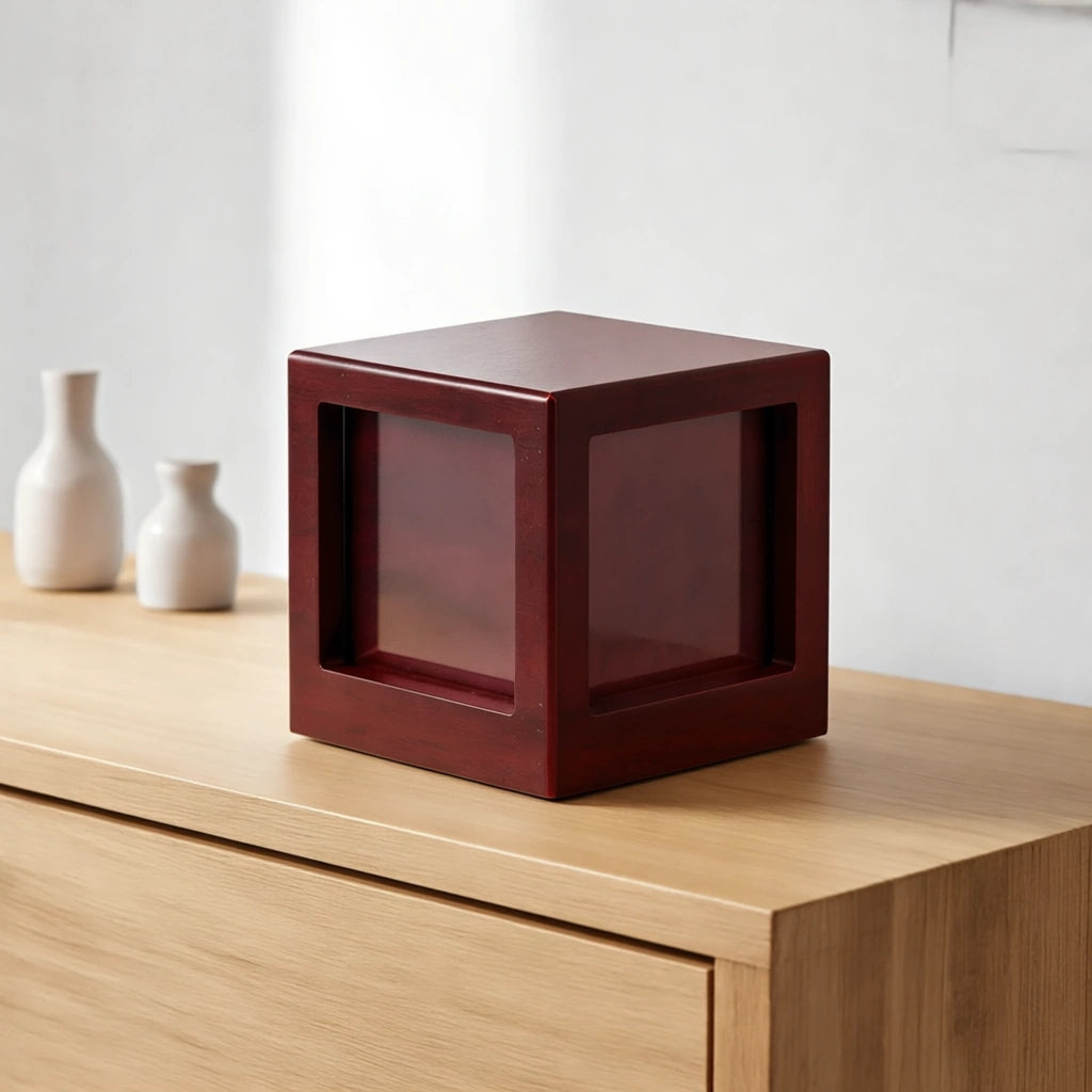 Mahogany Effect MDF Photo Cube Urn for Ashes - Small