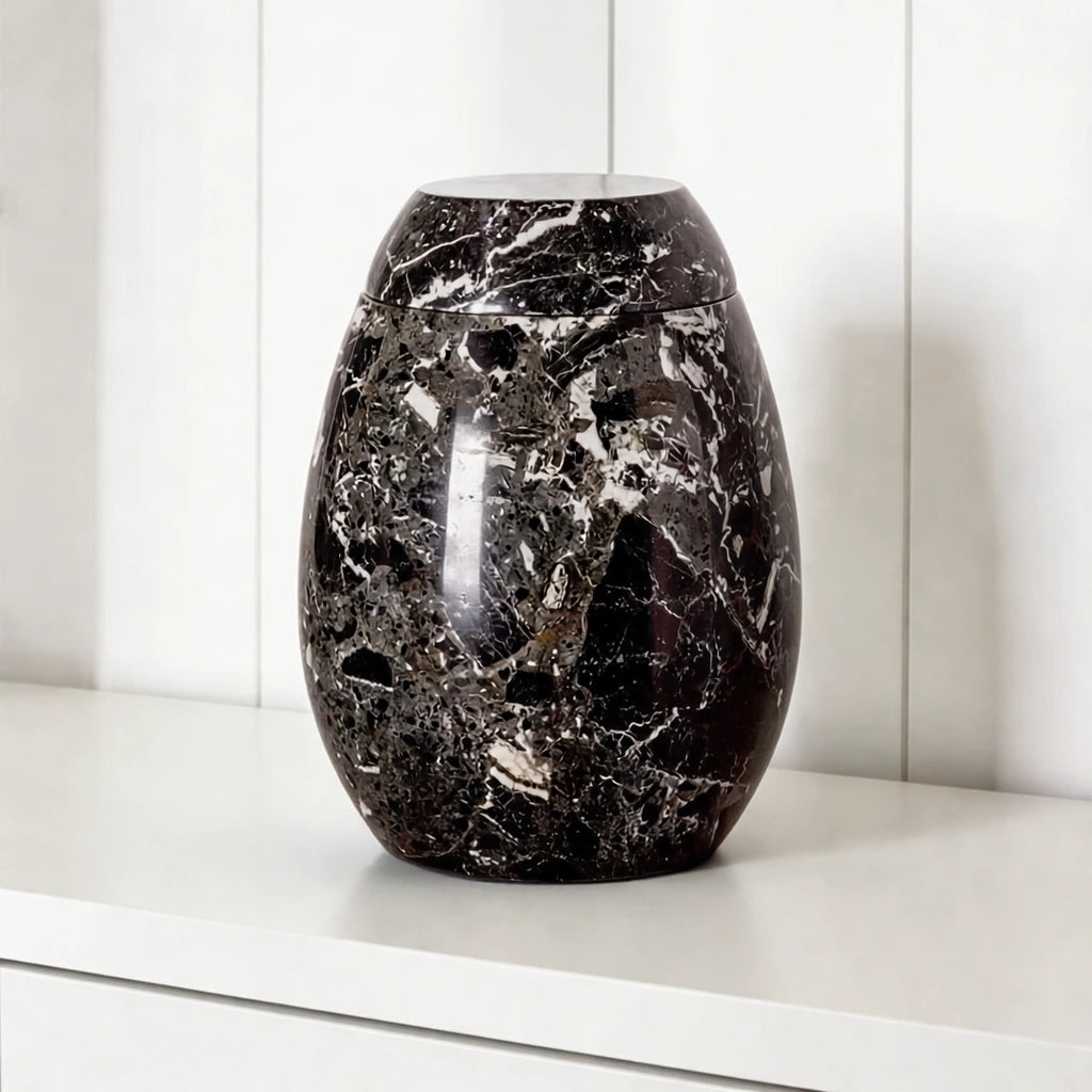 Marble Adult Cremation Urn for Ashes in Black & Grey