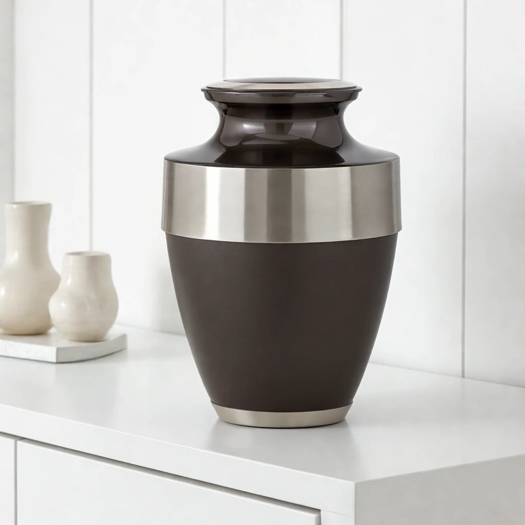 Metal Adult Cremation Urn for Ashes in Black with Silver Band