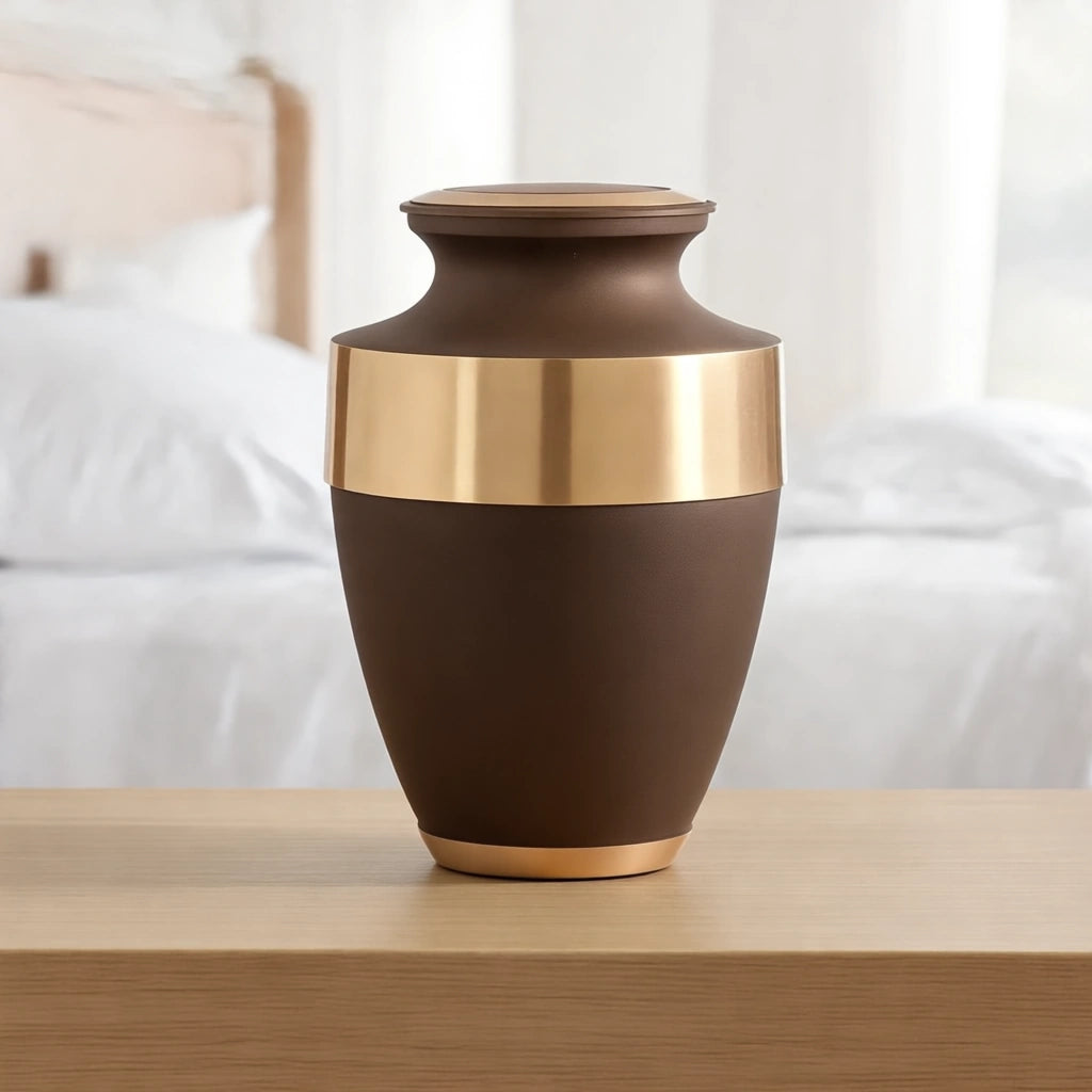 Metal Adult Cremation Urn for Ashes in Bronze with Gold Band