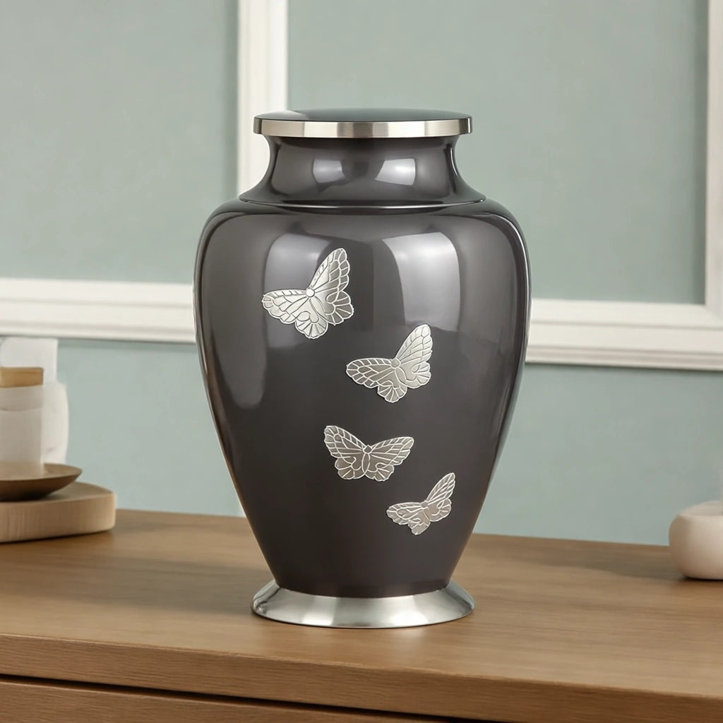 Metal Butterfly Adult Cremation Urn for Ashes in Grey with Silver