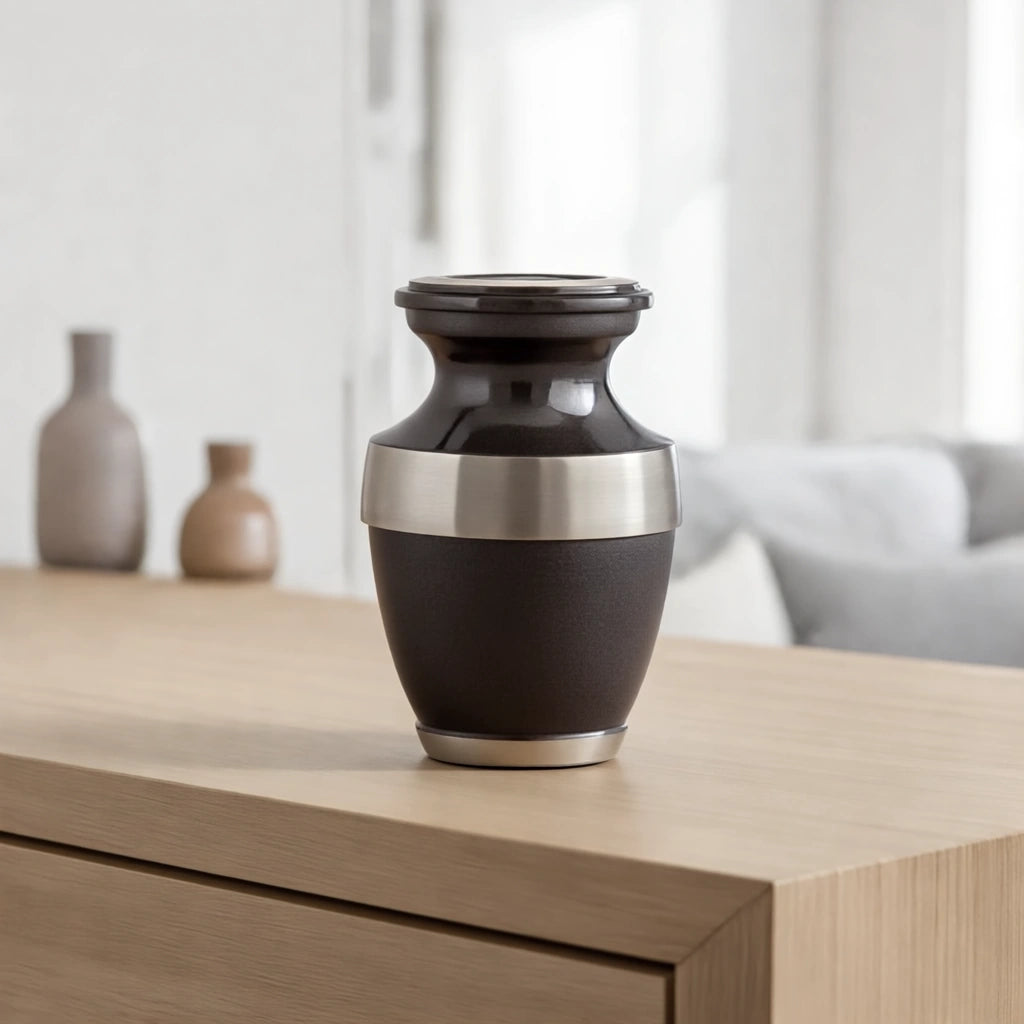Metal Keepsake Urn for Ashes in Black with Silver Band