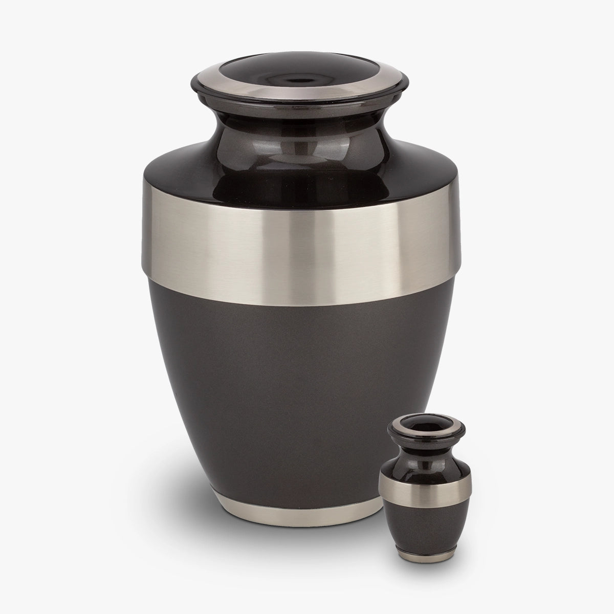 metal keepsake urn for ashes in black with silver band wth adult urn